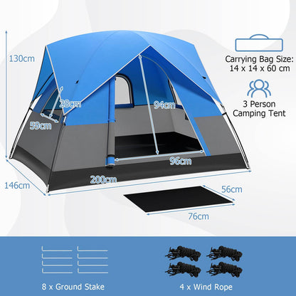 3 Person Outdoor Camping Tent Waterproof Family Tent w/Carrying Bag
