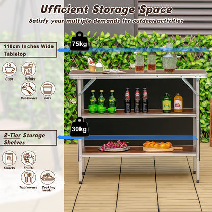 Aluminum Portable Picnic Table With 2-Tier Open Shelves & Spacious Tabletop