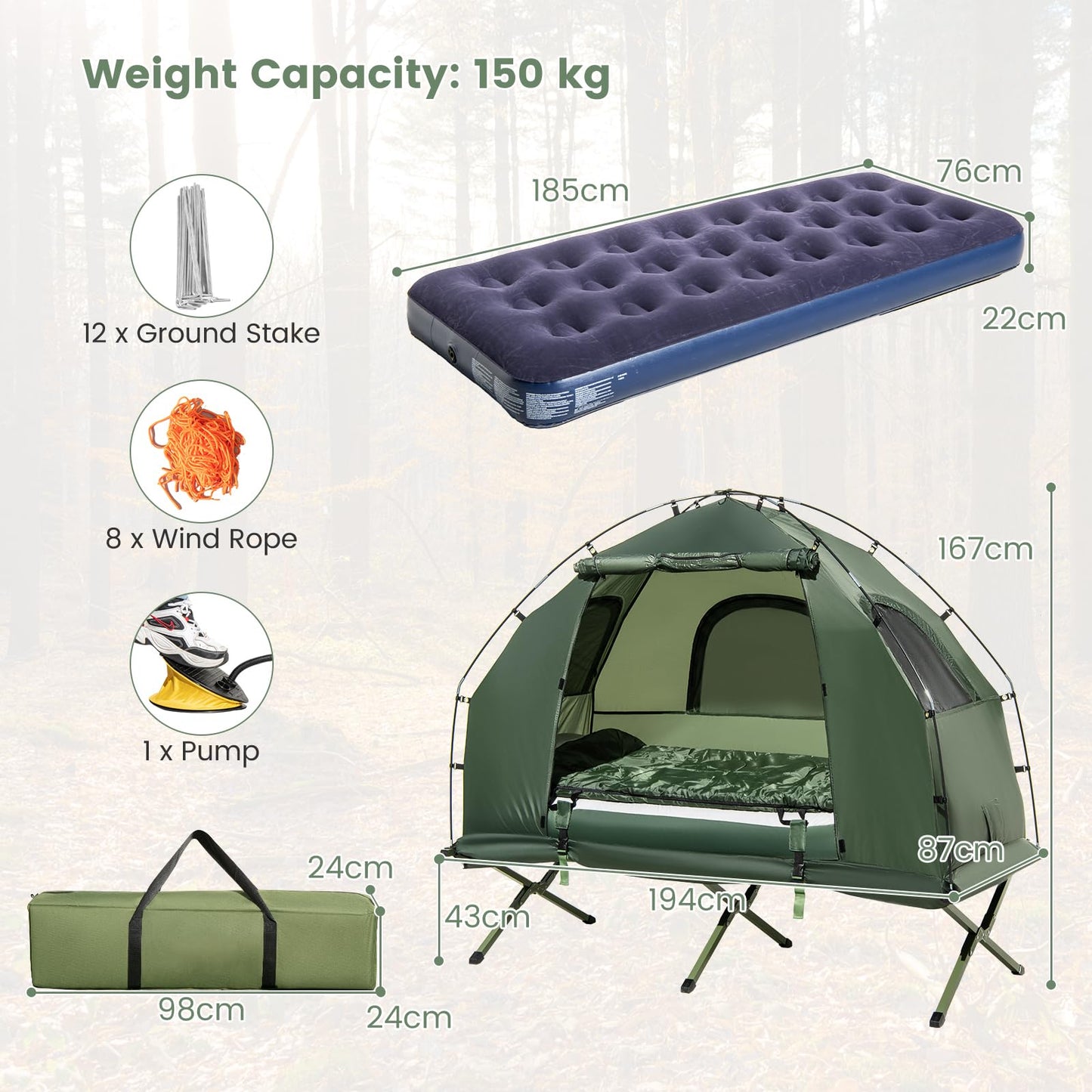 5 in 1 Foldable Camping Tent with Air Mattress and Sleeping Bag 1-Person Camping Tent Cot