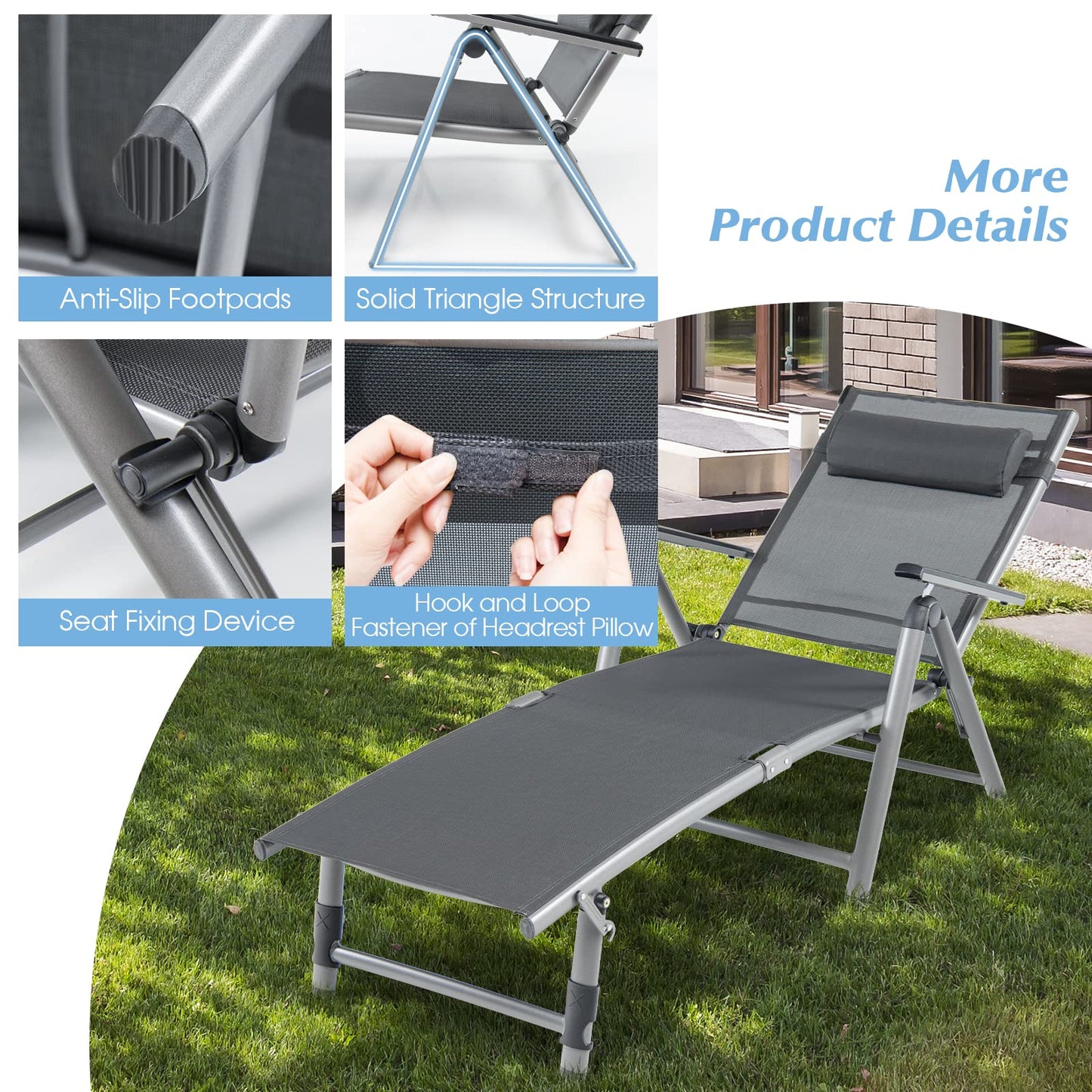 Outdoor Aluminum Chaise Lounge Chair with 8 Back and 2 Leg Adjustable Positions