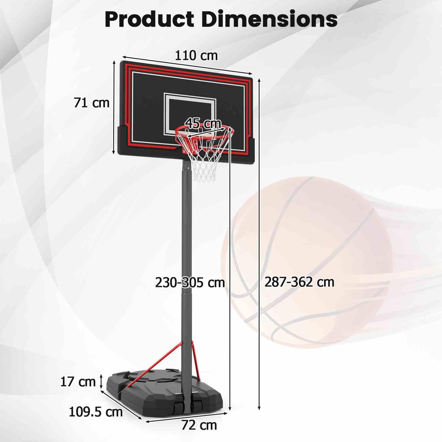 Portable Basketball Hoop with 110cm Shatterproof Backboard