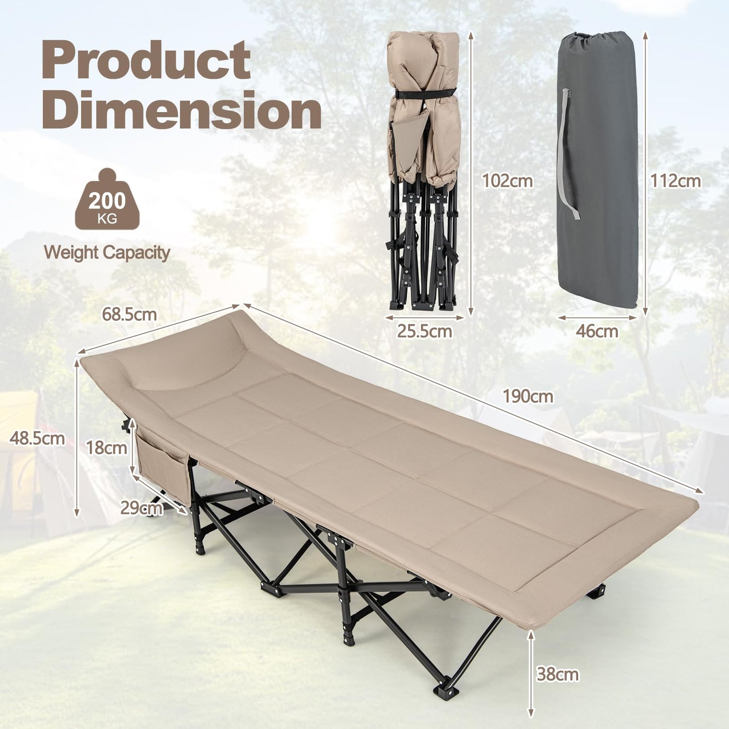 Portable Tent Cot for Indoor Outdoor Travel Camp Vacation Supports 200kg