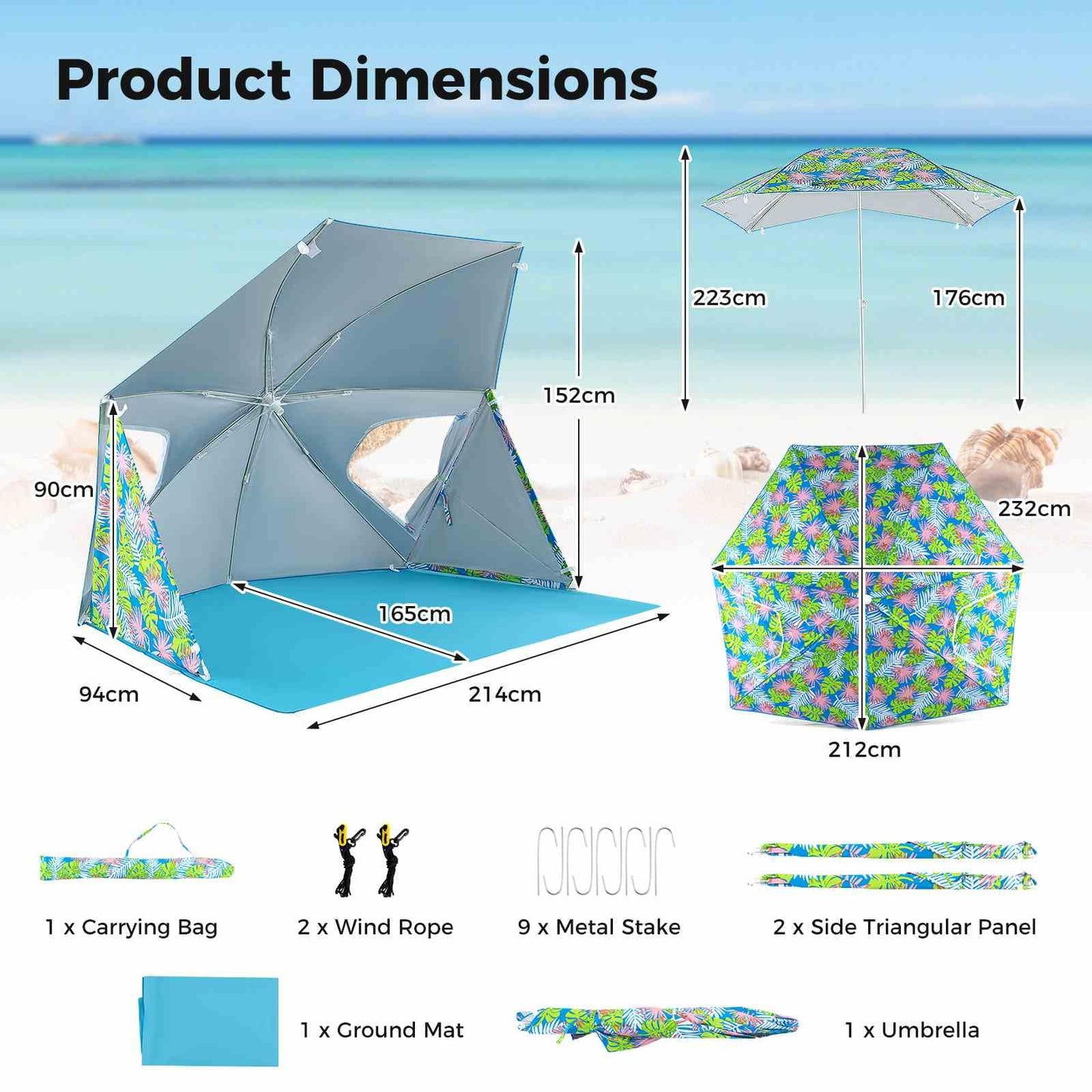 Pop up Sunshade Umbrella w/Portable Carrying Bag UPF50+ Sun Protection