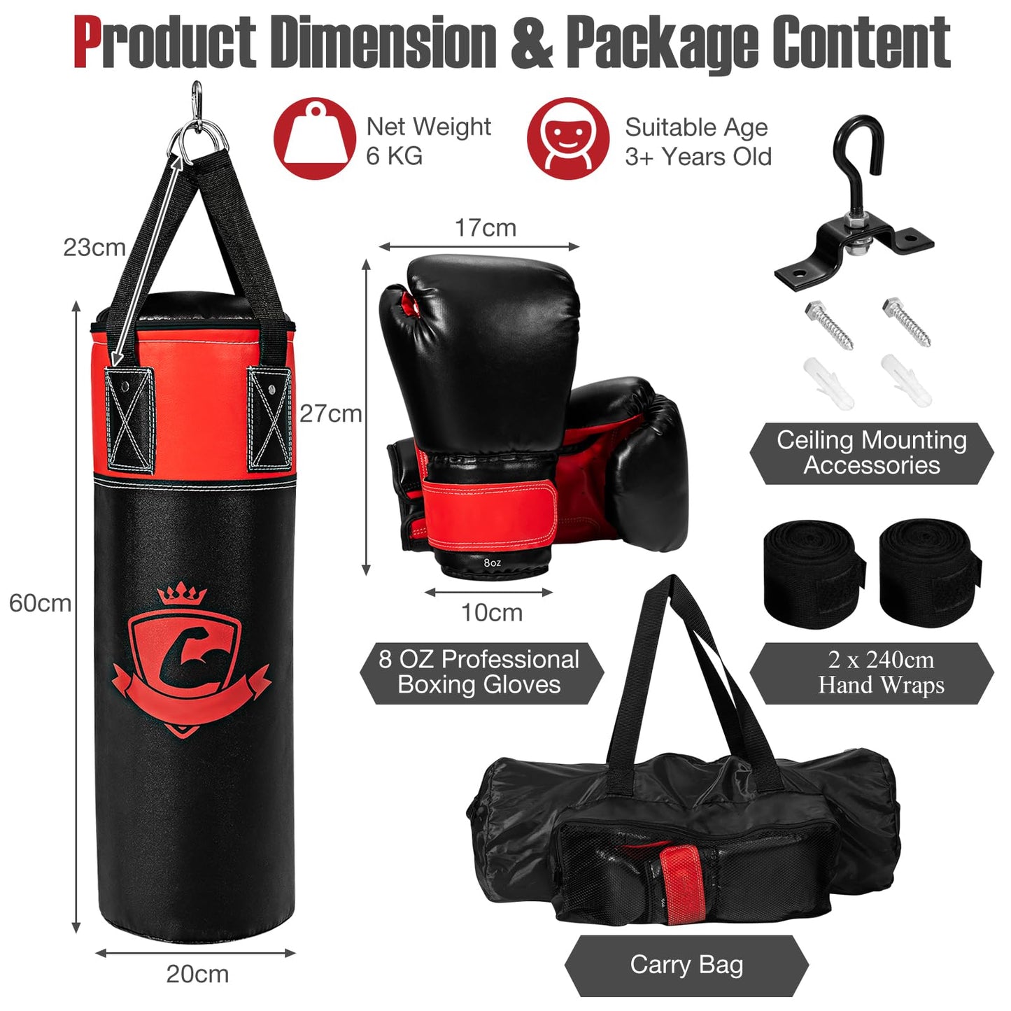 Kids Hanging Punching Bag Set 5 kg Youth Boxing Bag W/Punch Gloves Hand Wraps & Storage Bag