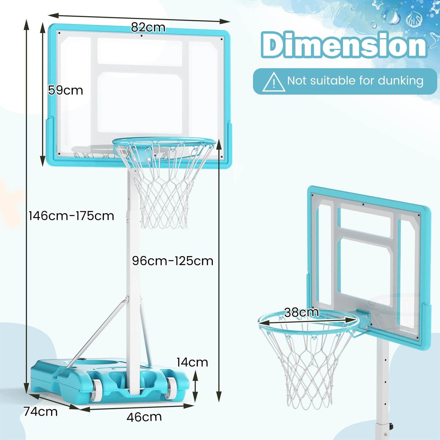 Pool Basketball Hoop with 82cm Shatterproof Backboard for Indoor Outdoor