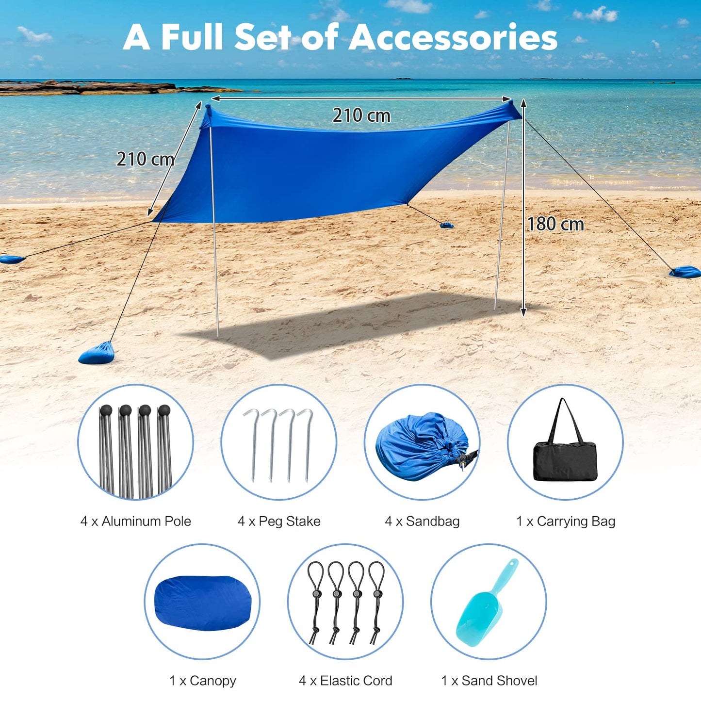 Large Beach Tent Canopy With Sandbags Sand Shovel UPF50+ Windproof (210 x 210 x 180 cm)