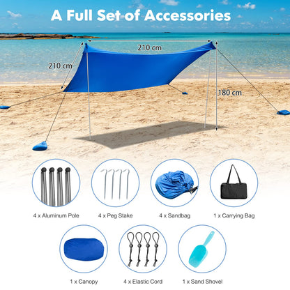 Large Beach Tent Canopy With Sandbags Sand Shovel UPF50+ Windproof (210 x 210 x 180 cm)