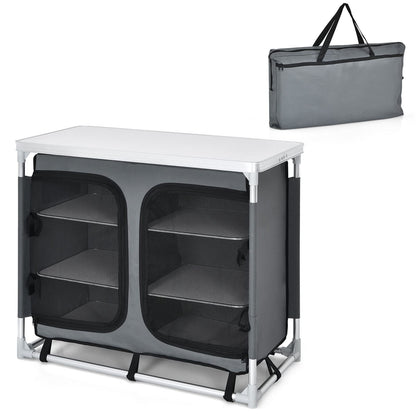 Aluminum Camping Table Portable Camping Kitchen Cupboard Table with Zippered Storage Shelves and Carrying Bag