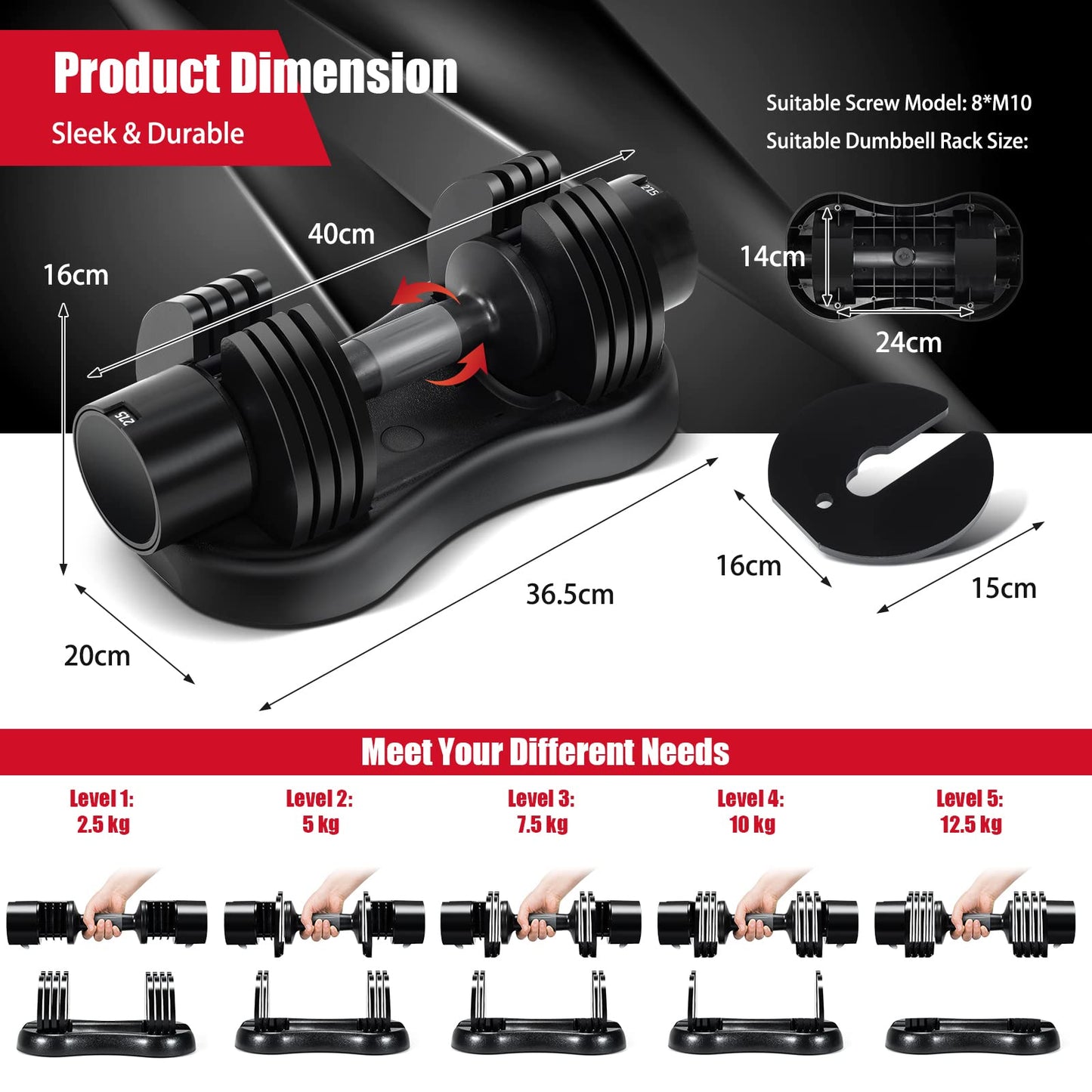 5-in-1 Adjustable Dumbbell Single Dumbbell with Adjustable & Non-Slip Metal Handle