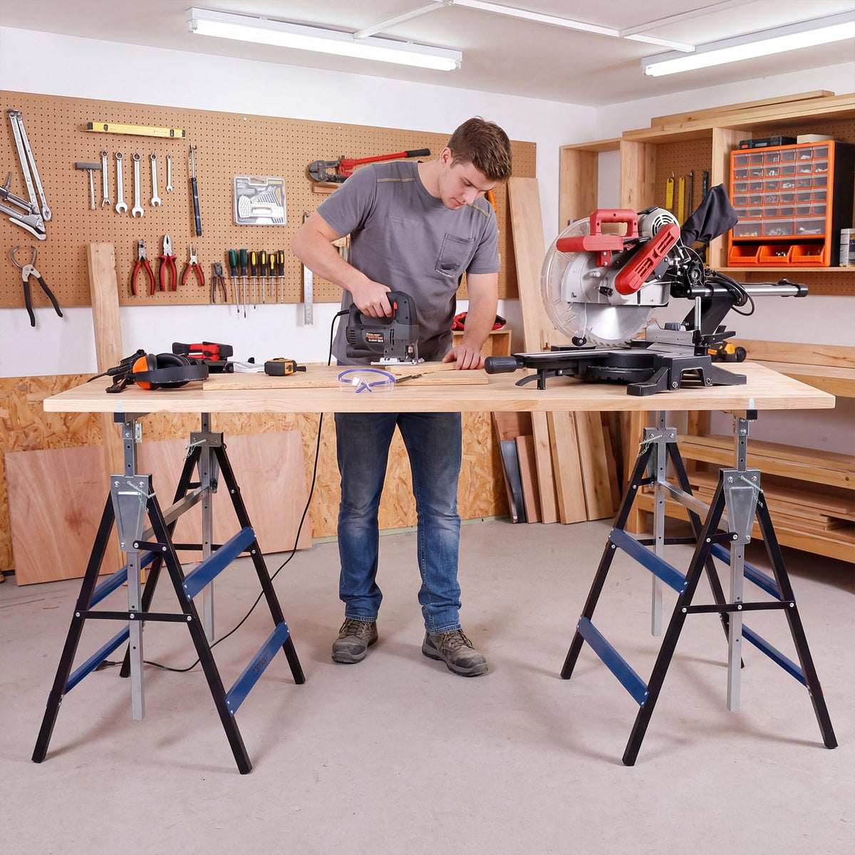 2 Pack Folding Saw Horses Adjustable Height Sawhorse Set with Top Limit Clip