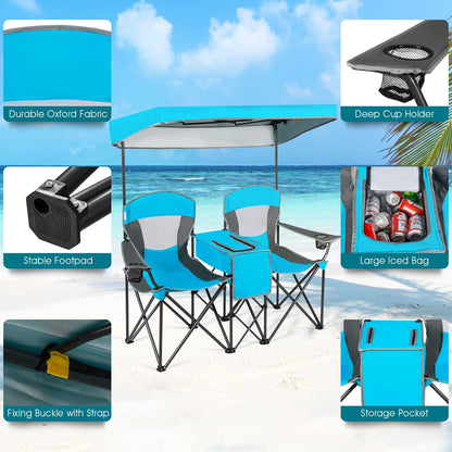Double Folding Canopy Chair Outdoor 2-Person Camping Seat with Adjustable Sun Shade