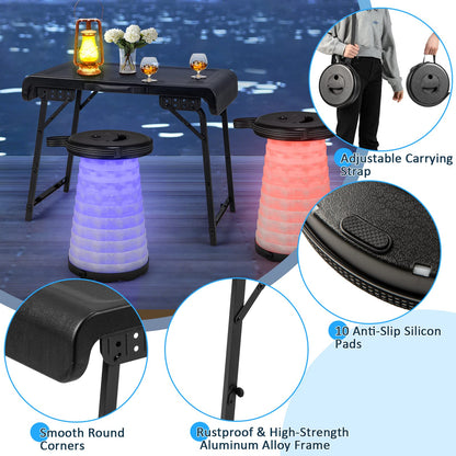 3-Piece Folding Table Stool Set with a Camping Table & 2 Retractable LED Stools