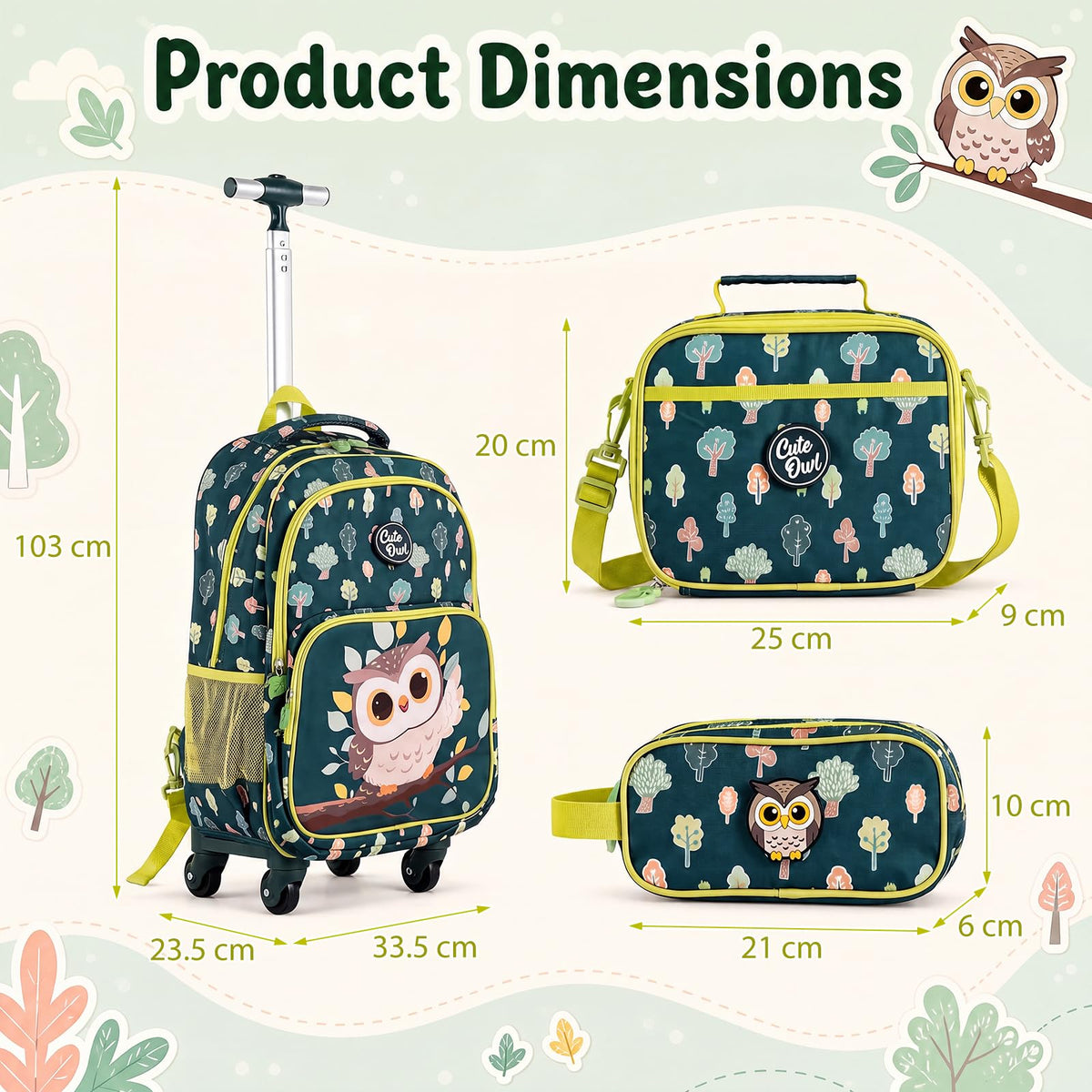 3 Pieces Owl Rolling Backpack for Kids