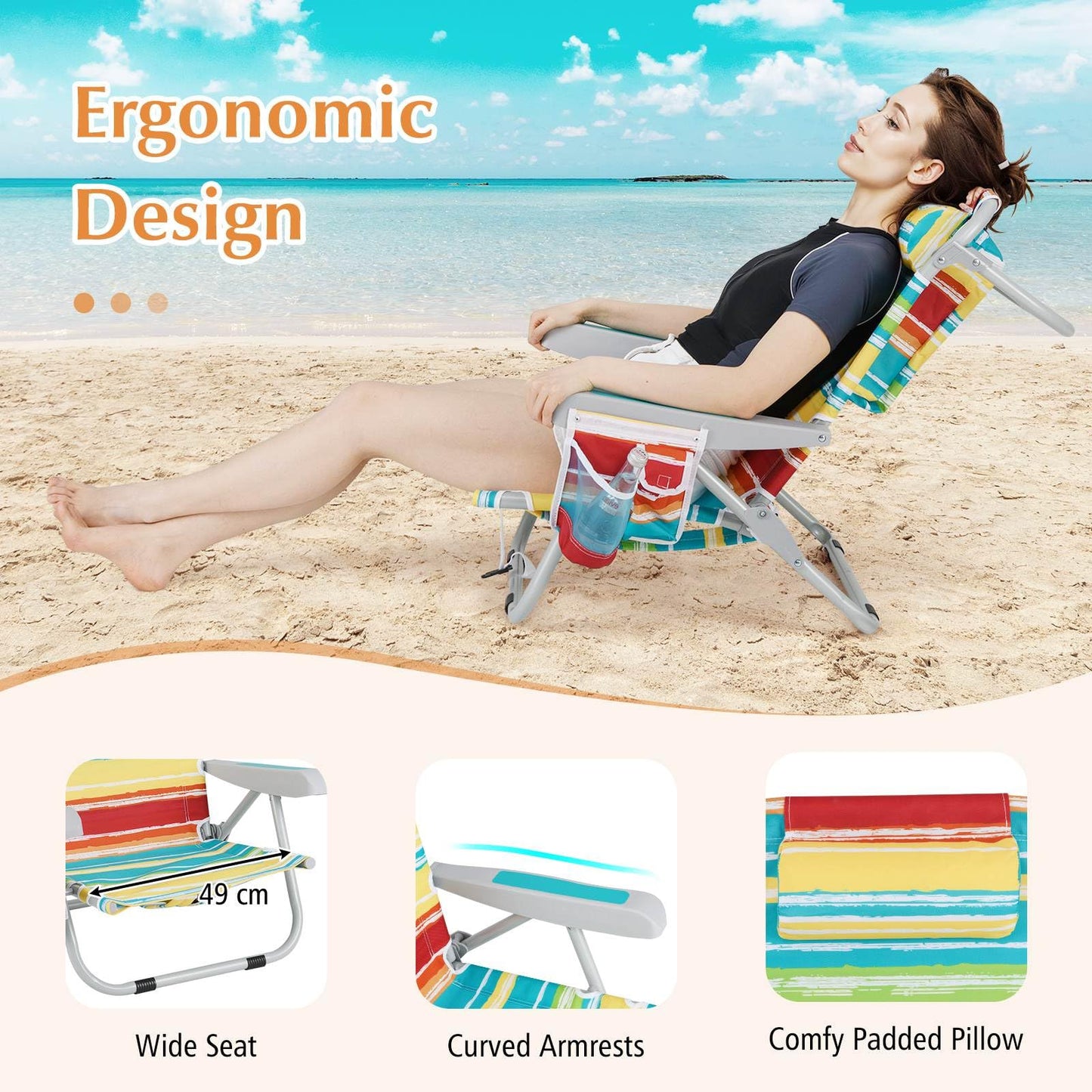 Foldable 5-Position Backpack Beach Chair with Cup Holder