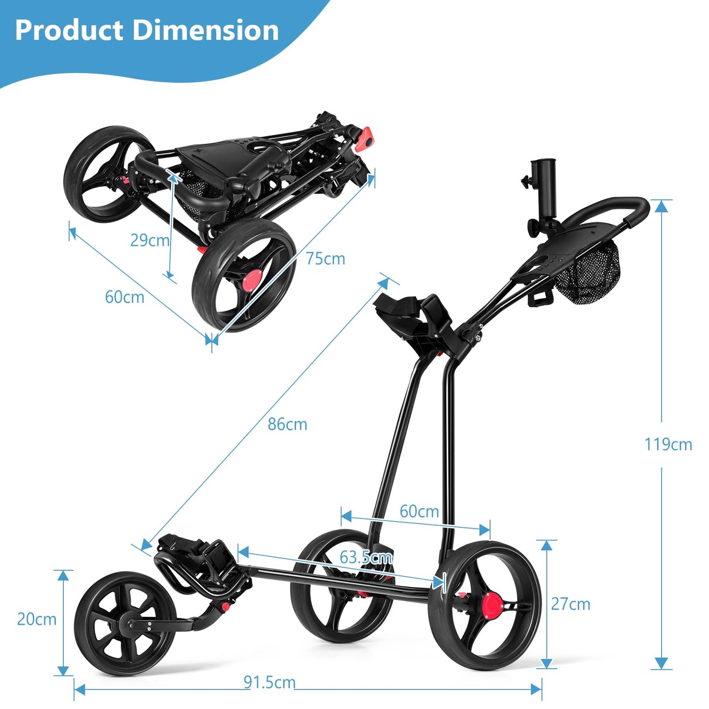 3 Wheel Golf Push Cart Folding Collapsible Lightweight Iron Golf Pull Cart with Adjustable TPR Handle