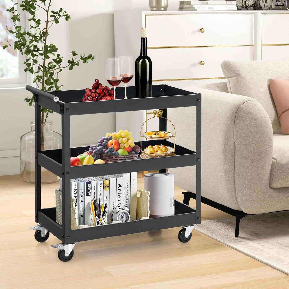 3-Tier Utility Cart with Humanized Handle for Office, Kitchen