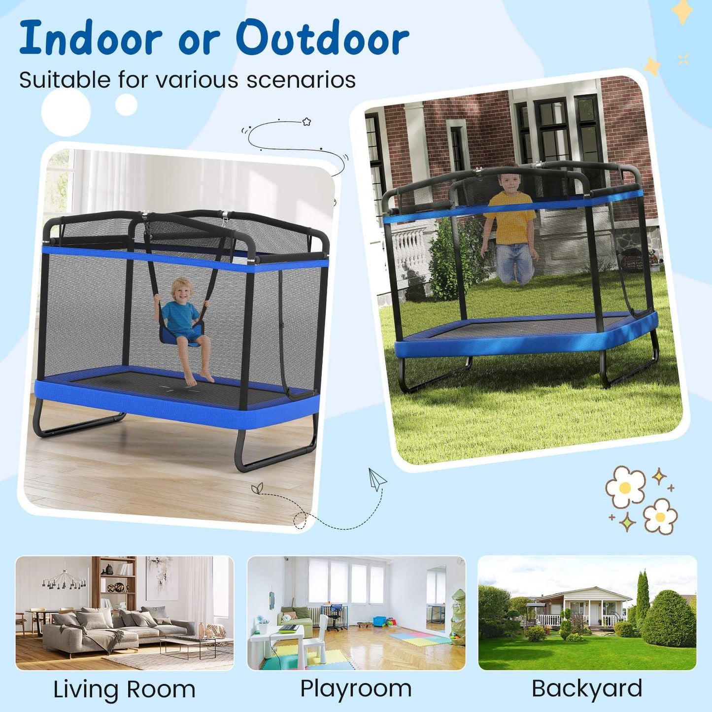 6 FT Kids Trampoline with Swing and Horizontal Bar
