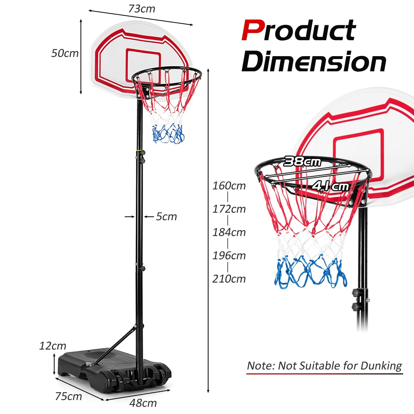 Height Adjustable Basketball System with 2 Nets Fillable Base 2 Built-in Wheels