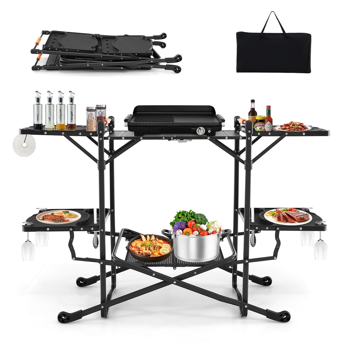 Folding Portable Camping Kitchen Table w/Heat-Resistant Aluminum Tabletop