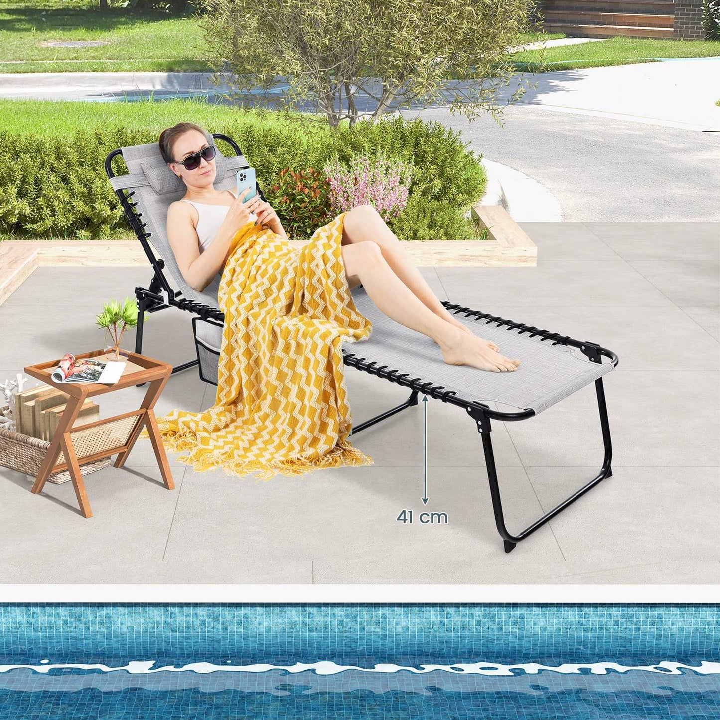 Patio Folding Chaise Lounge Oversized Portable Lay Flat Reclining Chair