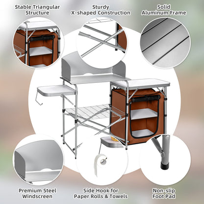 Outdoor Camping Table with Storage Aluminium Folding Camp Kitchen with Windscreen