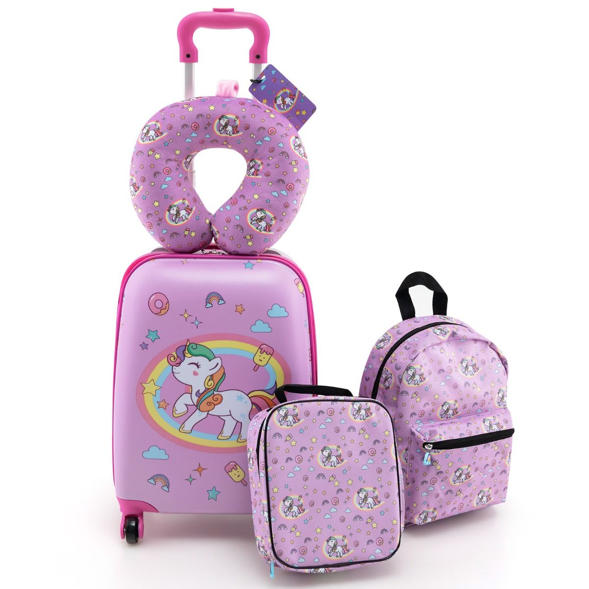 5 Piece Kids Luggage Set with Backpack and Neck Pillow & Name Tag