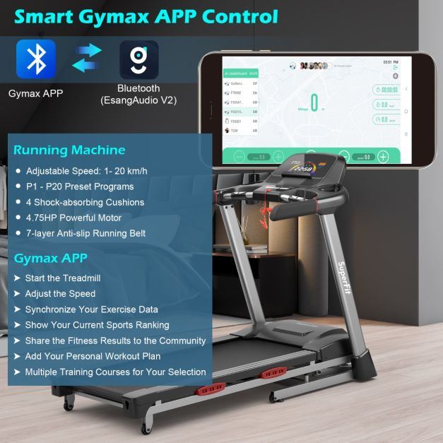 4.75HP Folding Treadmill with 15% Auto Incline for Home & Gym