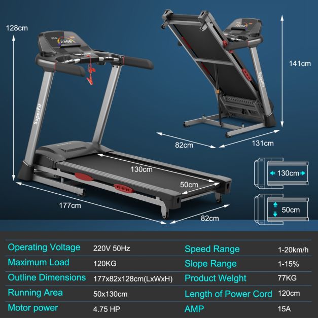 4.75HP Folding Treadmill with 15% Auto Incline for Home & Gym