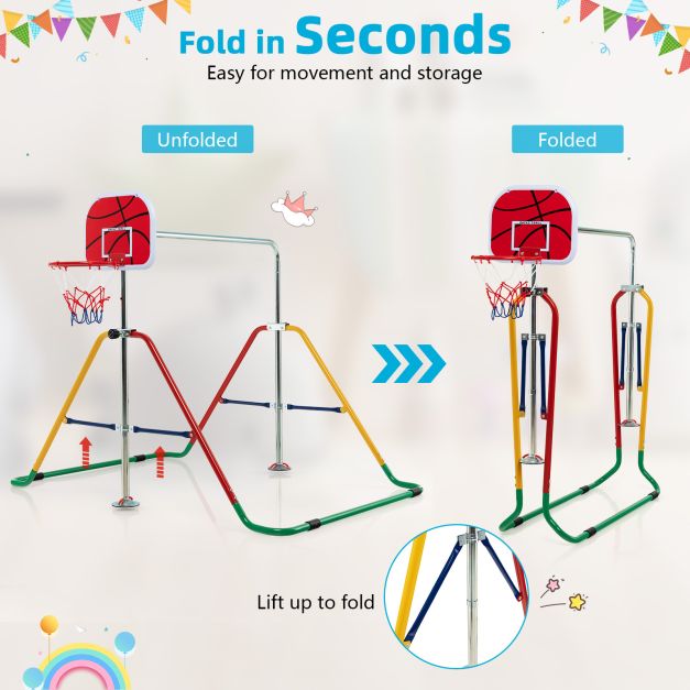 Folding Horizontal Gymnastics Bar with Basketball Hoop for Kids' Junior Training