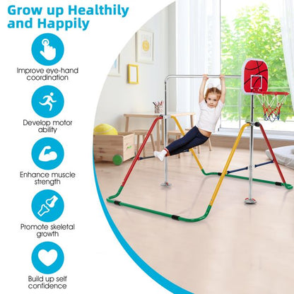 Folding Horizontal Gymnastics Bar with Basketball Hoop for Kids' Junior Training