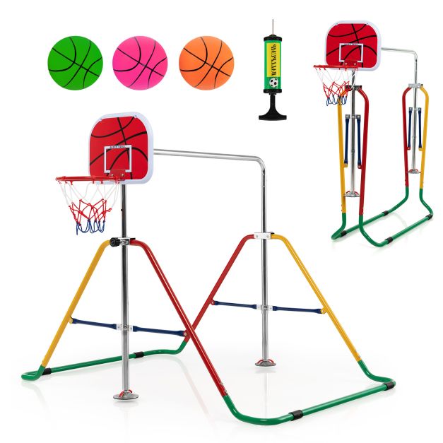 Folding Horizontal Gymnastics Bar with Basketball Hoop for Kids' Junior Training